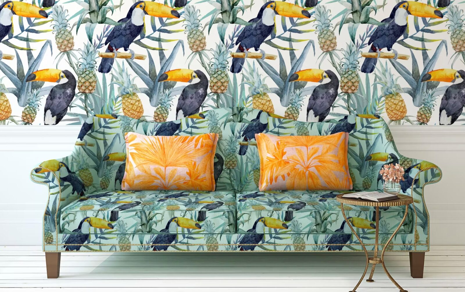 A statement sofa in bold toucan and pineapple print fabric, a private commission